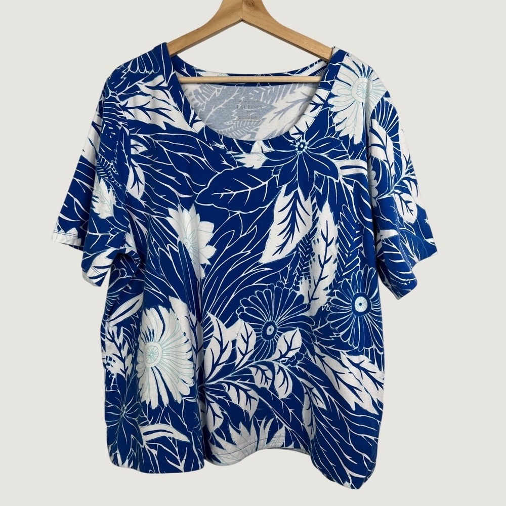 Talbots Top Women 3X Blue The Talbots Tee Tropical Floral Cotton Spandex Stretch